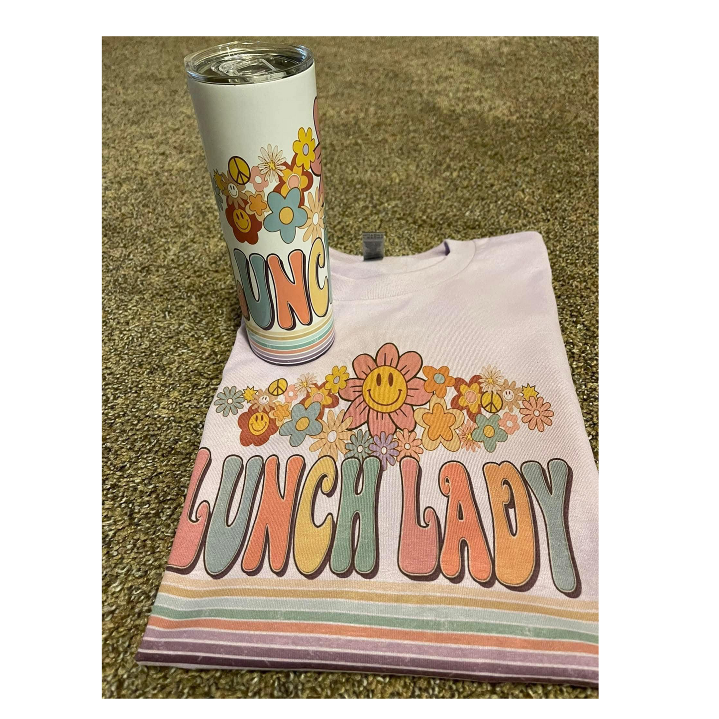 Lunch Lady shirt and tumbler with flower smiley face