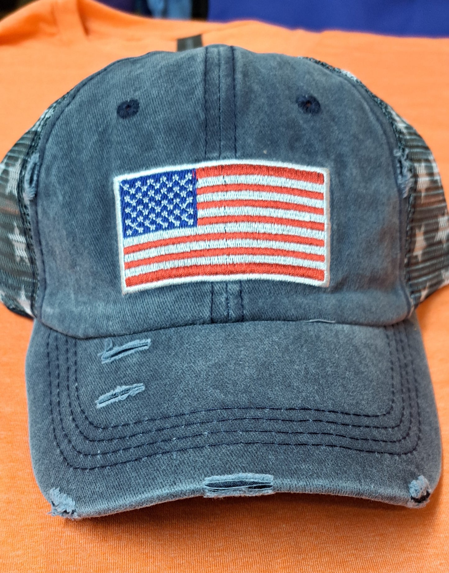 American Flag Embroidered Unstructured Meshback Velcro adjust